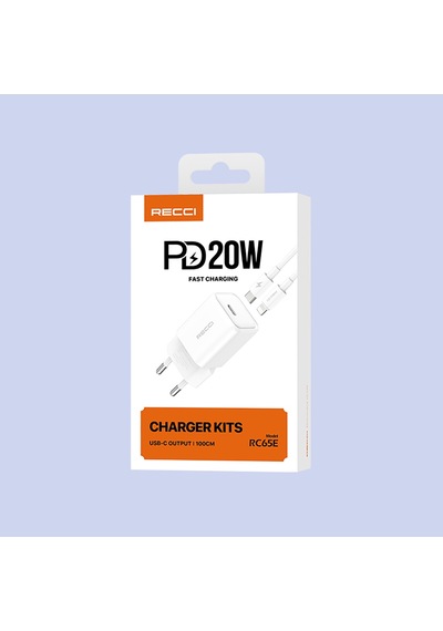 Recci Rc65e Hızlı Şarj Başlığı Type-c To Lightning Pd 20w Kablolu Şarj Seti Beyaz