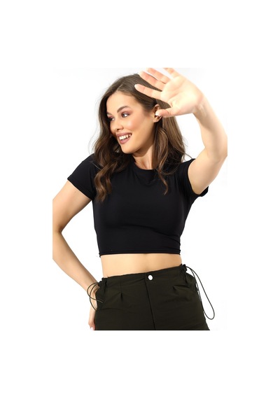 Winmoda34 Kadın Siyah Sırt Dekolteli Crop/krop Beli Lastik Dertaylı Bluz Siyah