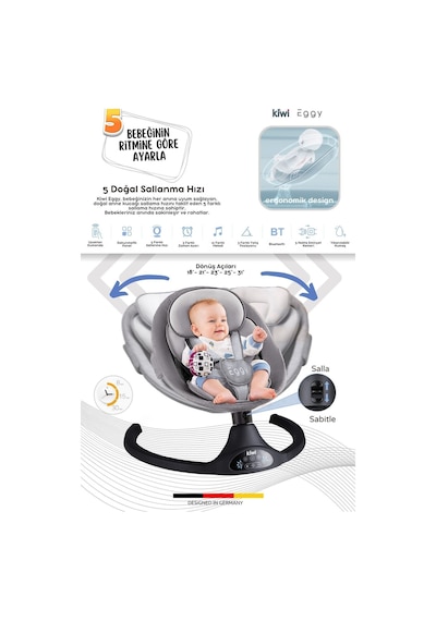 Kiwi Eggy Plus Elektrikli Otomatik Sallanan Bebek Ana Kucağı, 5 Farklı Sallanma Hızı, Oyuncaklı, Açık Gri