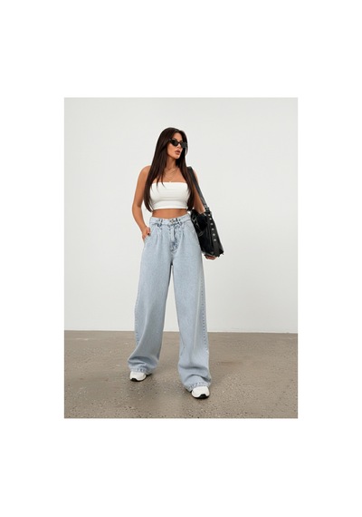 Bluemarlin Tam Kalıp Buz Kar Yüksek Bel Ön Arka Pensli Bol Paça Baggy Jeans Buz Kar
