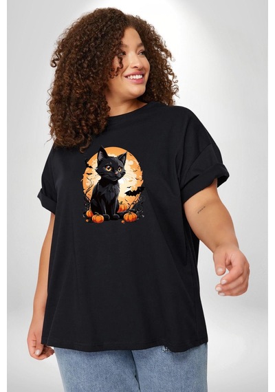 Angemiel Cadılar Bayramı Kedi Siyah Büyük Beden Erkek Kadın Unisex Basic Ön Baskılı Tişört Siyah