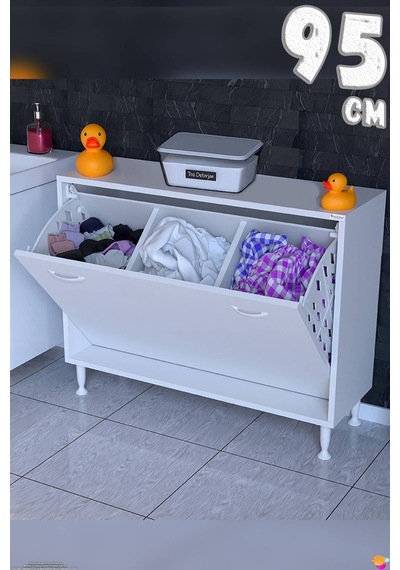 Söke 95 Cm 3 Gözlü Kirli Çamaşır Sepetli Çok Amaçlı Banyo Dolabı Beyaz