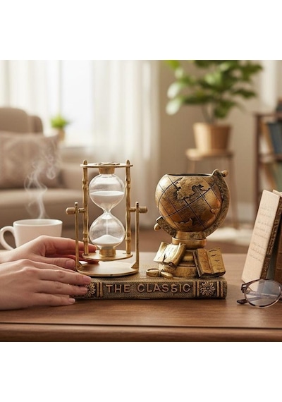 Dekoratif Dünya Küresi Ve Kum Saati Seti Vintage Masaüstü Organizer Klasik Tasarım