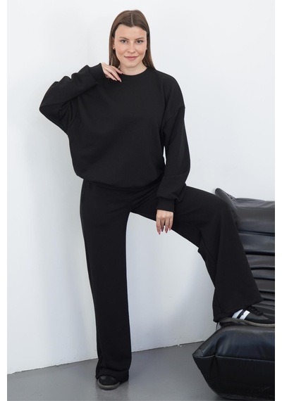 Penyebizden Kadın Pamuk 3 İplik Şardonsuz Oversize Sweatshirt & Geniş Paça Eşofman Altı Takım-siyah