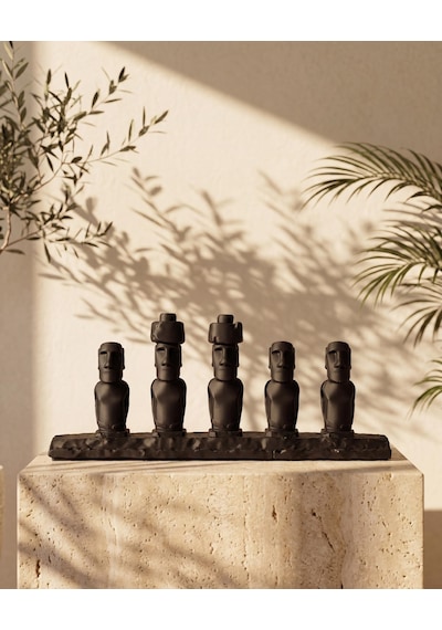Paskalya Adası Moai Heykelleri 5'li Biblo Seti Mat Siyah 15 Cm Antik Etnik Tasarım Masaüstü Kitaplık Dekoru Yeni Ofis Hediyesi 15cm
