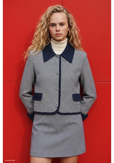 Sateen Kazayağı Desenli Denim Detaylı Ceket - Mavi-137946