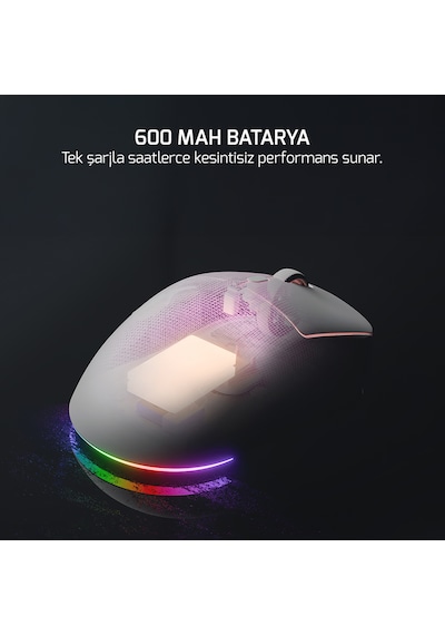 GamePower Kodex RGB 12.000DPI PAW3311 Kablosuz Beyaz Gaming Mouse + Grip Tape Beyaz
