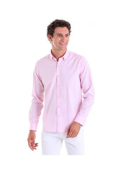 Hatemoğlu Pembe Comfort Fit Düz 100% Pamuk Düğmeli Yaka Uzun Kollu Casual G Pembe