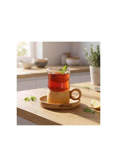12 Parça Çay Seti - Bambu Bardak Altığı - Çift Cidarlı Cam - 150 Ml Çok Renkli