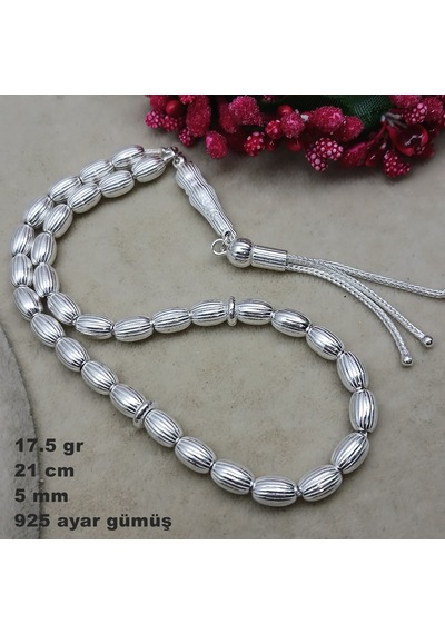 925 Ayar Gümüş Tesbih Arpa Kesim Çizgili Model Küçük Boy