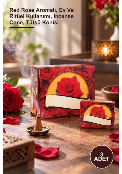 3 Adet Konik Tütsü Red Rose Aromalı, Ev Ve Ritüel Kullanımı, Incense Cone, Tütsü Konisi