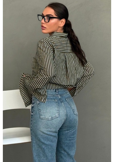 Madmext Haki Çizgili Sendy Kumaş Kadın Gömlek Mg2834