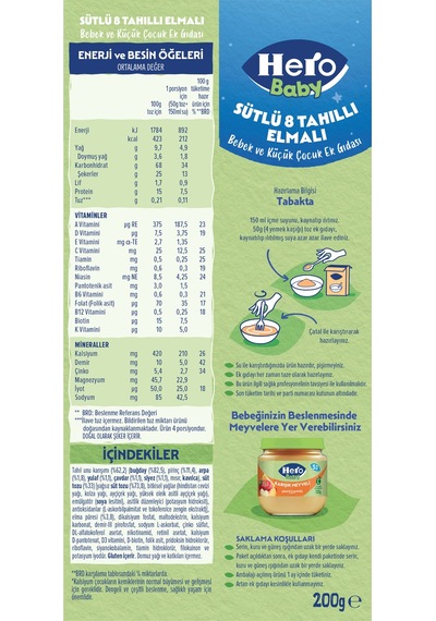 Hero Baby Sütlü 8 Tahıllı Elmalı 200g X3