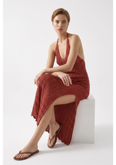 Neden Tekstil Beachwear Boyundan Bağlamalı Ajurlu Triko Plaj Elbisesi - Kırmızı