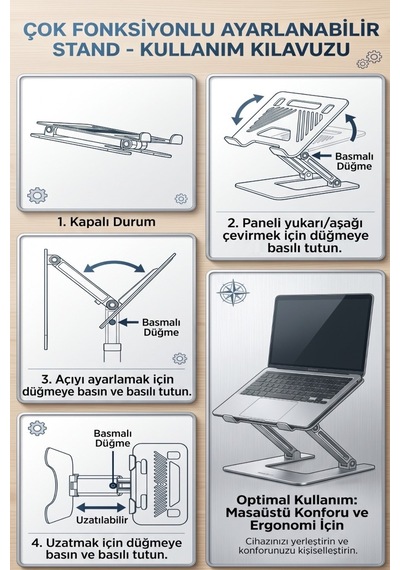 Notebook / Macbook Modelleri İle Uyumlu Uzayabilen Katlanabilir Ayarlı Çok Sağlam Alüminyum Tutucu