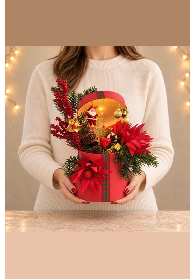 Coffret Magique Işıklı Kapaklı Noel Babalı Yılbaşı Hediye Kutusu - El Yapımı Yapay Çiçek Kırmızı