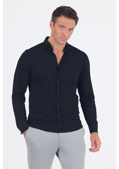 İmza Siyah İtalyan Düğmeli Yaka Uzunkol Cepsiz Slim Fit Gömlek 1004250254 Siyah