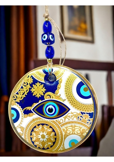 Sarı Motifli Mavi İşlemeli Nazar Boncuk Gözlü Duvar Süsü