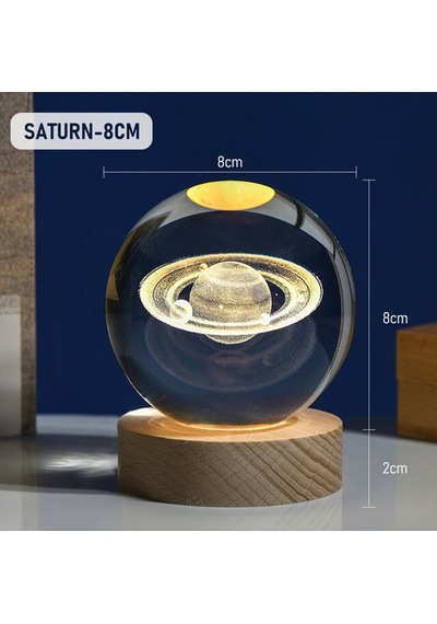 Kişiye Özel Büyük Boy Işıklı Ahşap Kaideli Satürn Cam Küre 8cm