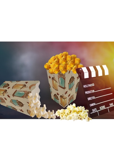 12li Ramazan Temalı Patlamış Mısır, Şeker Kutusu, Hediye Popcorn, İkram Kutusu, 6x6x11 Cm, Krem Renk Krem