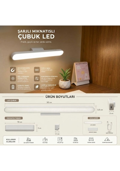 Şarjlı Manyetik Led Çubuk Lamba, Dokunmatik, 3 Modlu, Kablosuz Mutfak Dolap Altı Ve Dekoratif Aydınl Renkli