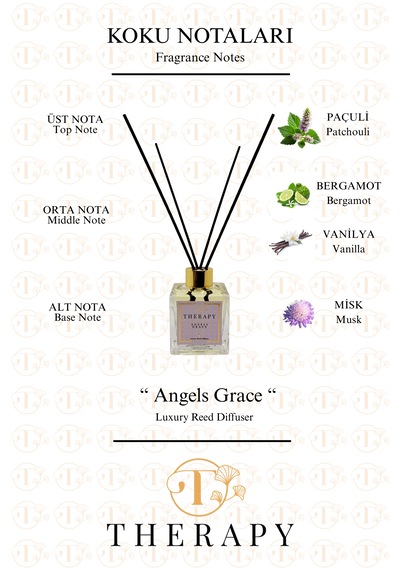 Therapy Smell, Angels Grace - Lüks Çubuklu Oda Kokusu / 120 Ml / Extra Clear Kare Cam Şişe / Metal Altın Kapak Bergamot - Paçuli