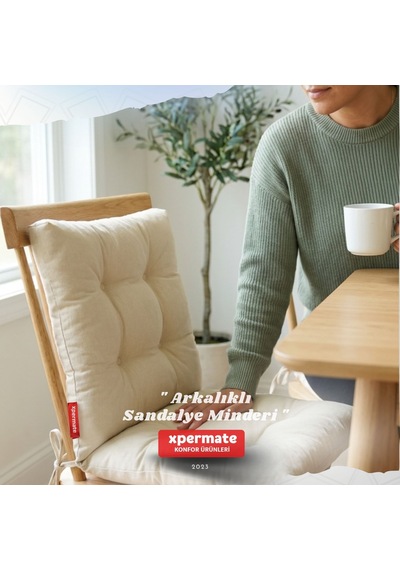 Pofuduk Arkalıklı Sandalye Minderi Bağcıklı Yıkanabilir Dekoratif Minder Bej