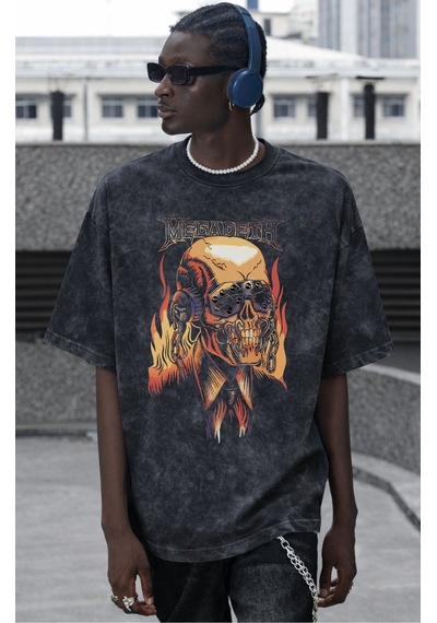 Tasarım Megadeth Rock Metal Müzik Grubu Baskılı Unisex Oversize V Siyah