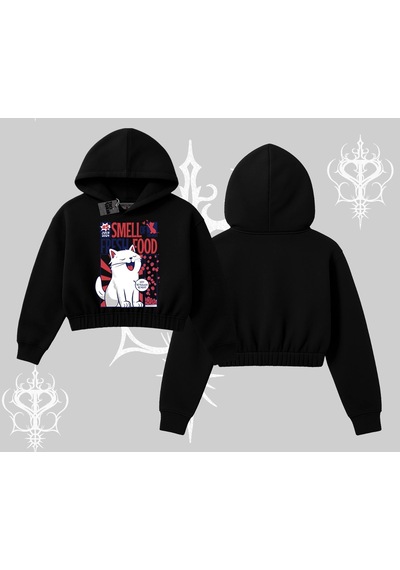 Startmore Smell Of Fresh Food Kedi Baskılı Kapşonlu Crop Sweatshirt Siyah