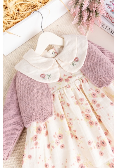 Babymod Bebe Yaka Çiçek Desenli 100% Pamuk Müslin Triko Hırkalı Kız Bebek Elbise gül kurusu