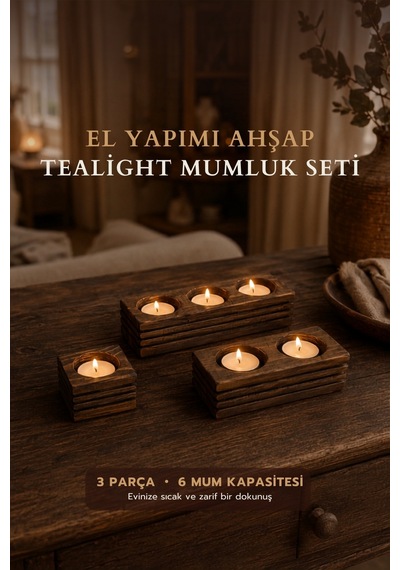 3'lü Doğal Ahşap Mumluk Dekoratif Şamdan Özel Tasarım El Yapımı Kahverengi Kahverengi