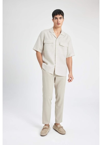 DeFacto %100 Keten Relax Fit Polo Yaka Yazlık Basic Düz Kısa Kollu Gömlek B6687AX24SPBG74