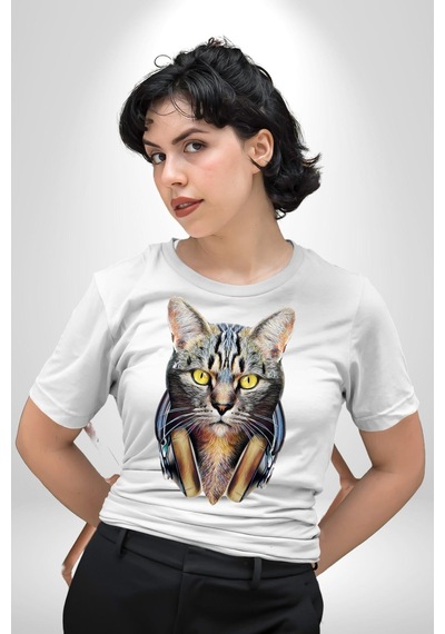 Kulaklık Kedi Unisex Unisex Beyaz Organik Baskılı T-shirt Penye Yüksek Kalite Beyaz