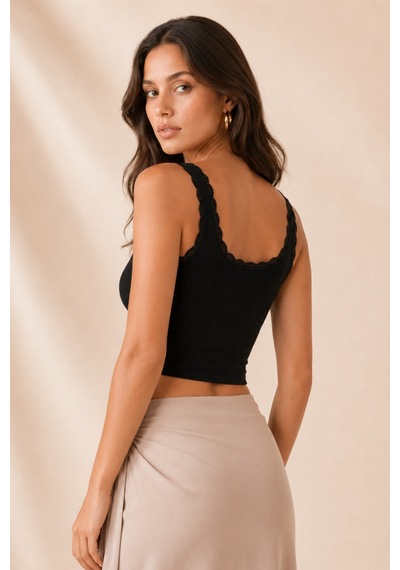 Loule Kadın Dantel Detaylı Fitilli Crop Top Siyah Pamuklu