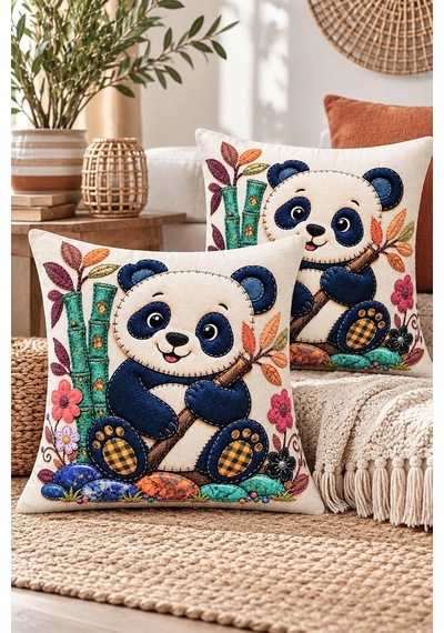 2'li Panda Desenli 3d Görünümlü Dijital Baskılı Kırlent Kılıfı 43x43 Cm Yastık Kılıfı Seti Diğer