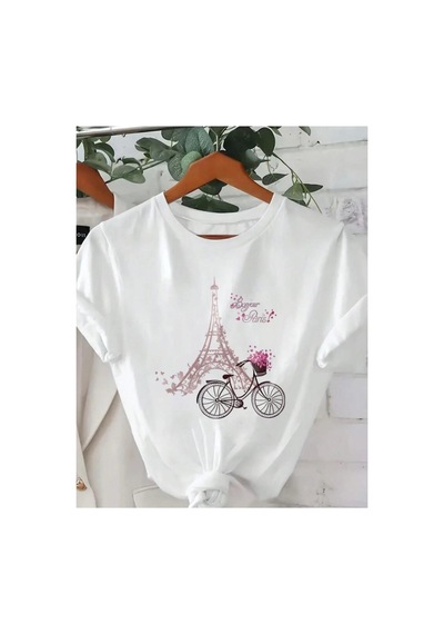 Medinenur Eyfel Kulesi Baskılı Basic T-shirt Beyaz