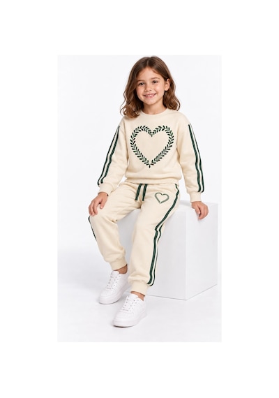 Rony Pony Kids Kız Çocuk Ekru Yeşil Kalp Desenli Şeritli Eşofman Takımı Sweatshirt Ve Jogger Pantolon Beyaz Yeşil