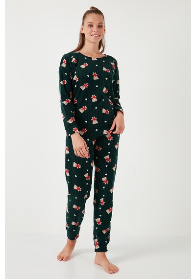 Lela Standart Fit Bisiklet Yaka Bayan Pijama Takımı 6093735 Yeşil