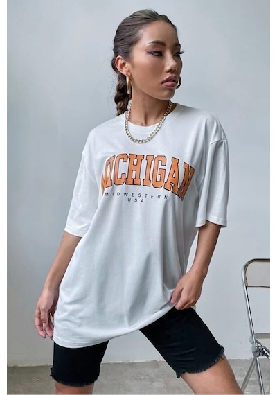 Blackjack Giyim Blackjackgiyim Kadın Beyaz Oversize Michigan Baskılı Tshirt Beyaz