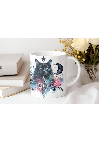 Kozmik Siyah Kedi Kupa Bardak - Spiritüel Kedi Tasarım - Yıldız Ve Hilal Baskılı Sanatsal Hediye Beyaz
