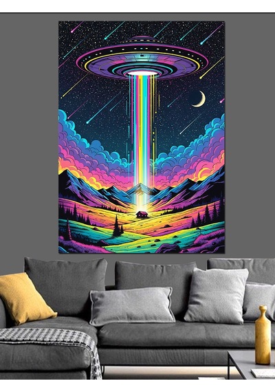 Ahşap Tablo Ufo Ve Renkli Işıklar