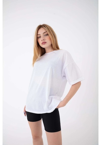 Tarzsokak Kadın Oversize Kısa Kollu Bisiklet Yaka Beyaz