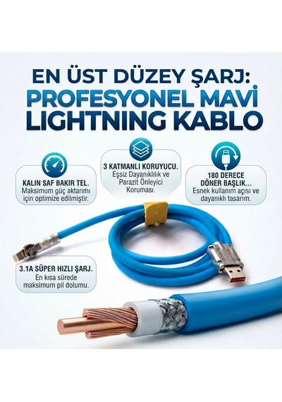 3.1a Süper Hızlı Şarj Üç Katmanlı Koruyucu 180 Döner Başlık Lightning Kablo Şarj Kablosu 1 Metre Şarj Kablosu