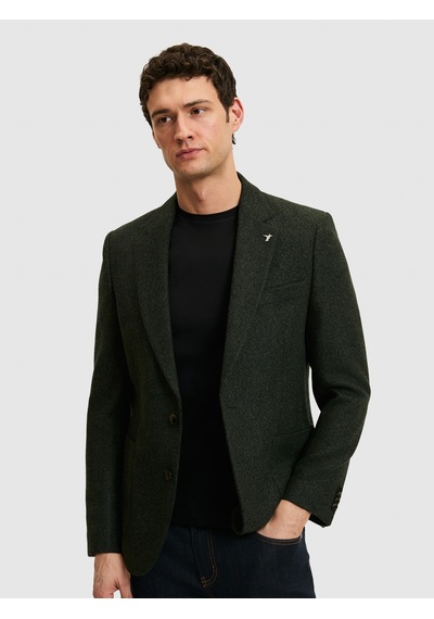 Cacharel Koyu Yeşil Slim Fit Yün Karışımlı Flanel Ceket Yesıl