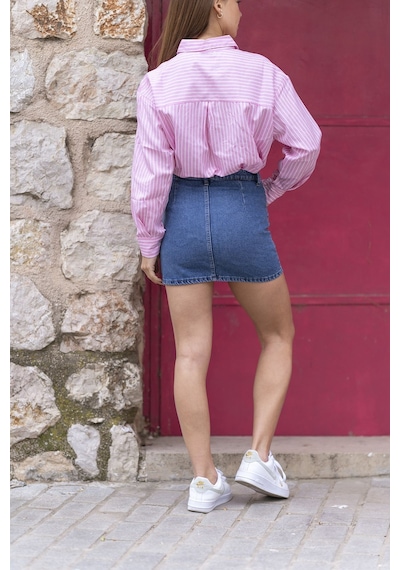 Çizgili Cep Detaylı Oversize Gömlek Pembe