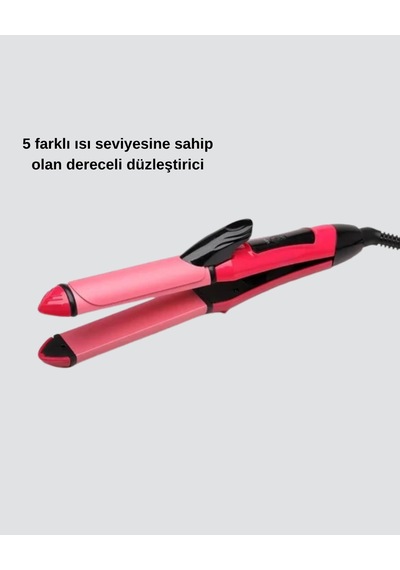 Mey İthalat 2 Si 1 Arada Saç Düzleştirici Ve Maşa 5 Isı Seviyesi, Seramik Kaplama, Döner Kablolu Ergonomik Tasarım Pembe