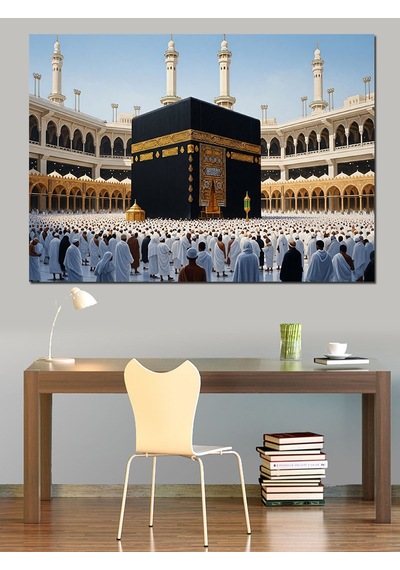 Ahşap Tablo Kabe Etrafında İbadet Eden Kalabalık