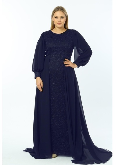 Ladies First Büyük Beden 3694 Lacivert Uzun Abiye Elbise