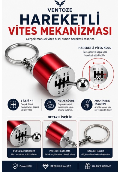 Hareketli Vites Topuzu Tasarımlı Metal Anahtarlık 6 İleri R Oto Aksesuar Kırmızı Metal