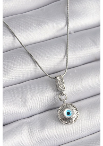 316l Çelik Gümüş Renk Zirkon Taşlı Nazar Boncuk Model Kadın Kolye Karışık Renk